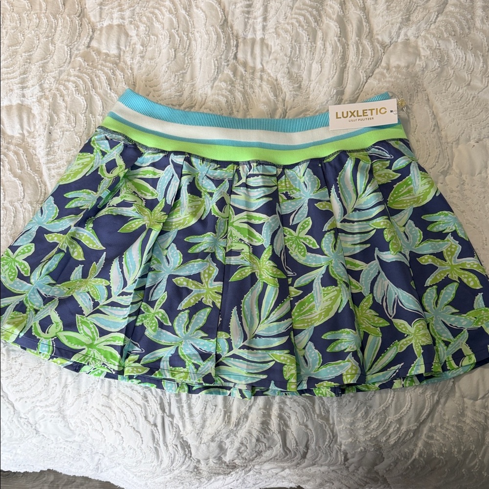 Lilly Pulitzer Navy Blue & Lime Green Floral Skater Skirt
